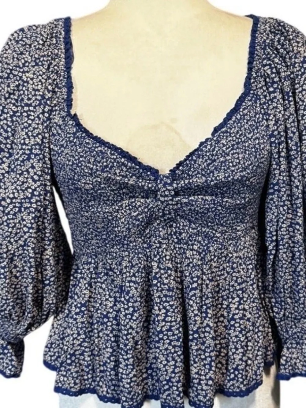 Free People Navy and White Floral Smocked Peplum Blouse